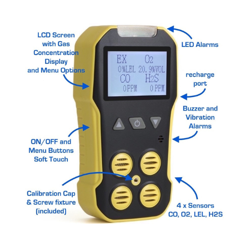 4 Gas Detector – Portable Monitor with USA NIST Calibration | H₂S, CO, O₂, LEL | Industrial & Confined Space Use
