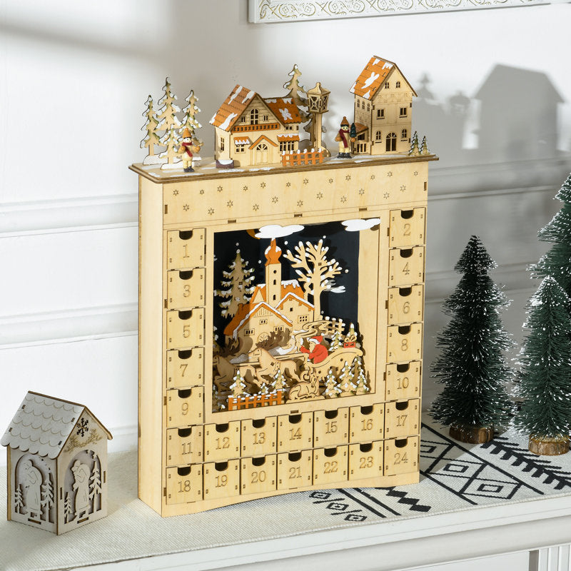 Christmas Advent Calendar, Light Up Wooden Holiday Decoration With 24 Countdown Drawers And LED Lights For Kids And Adults, Battery Operated, Natural
