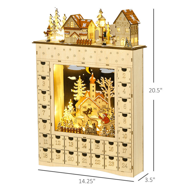 Christmas Advent Calendar, Light Up Wooden Holiday Decoration With 24 Countdown Drawers And LED Lights For Kids And Adults, Battery Operated, Natural