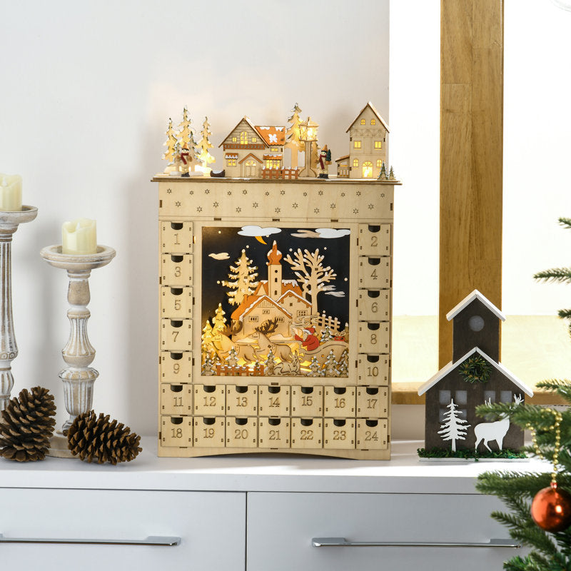 Christmas Advent Calendar, Light Up Wooden Holiday Decoration With 24 Countdown Drawers And LED Lights For Kids And Adults, Battery Operated, Natural