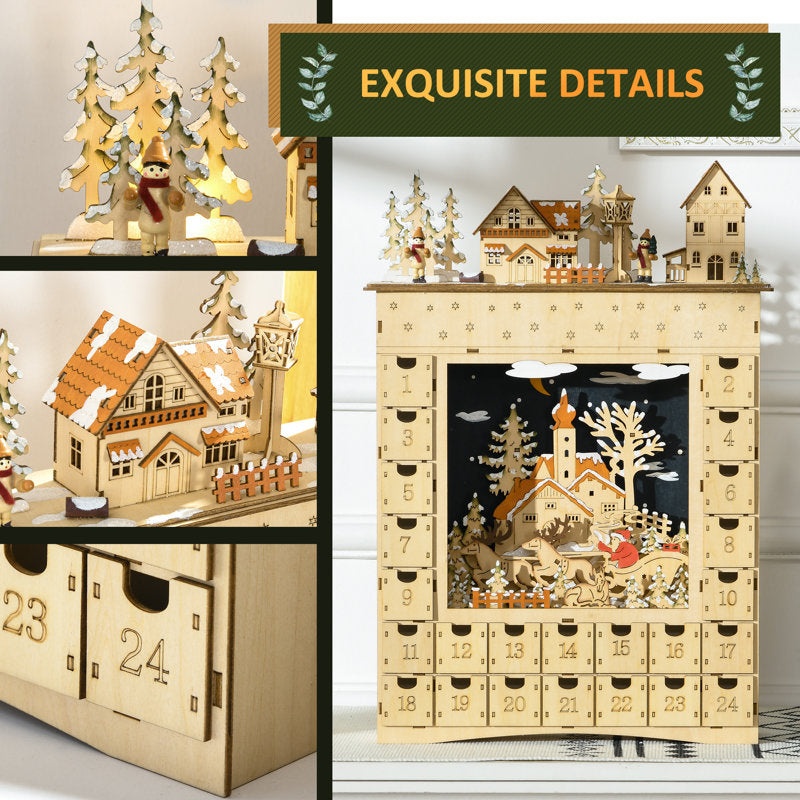 Christmas Advent Calendar, Light Up Wooden Holiday Decoration With 24 Countdown Drawers And LED Lights For Kids And Adults, Battery Operated, Natural