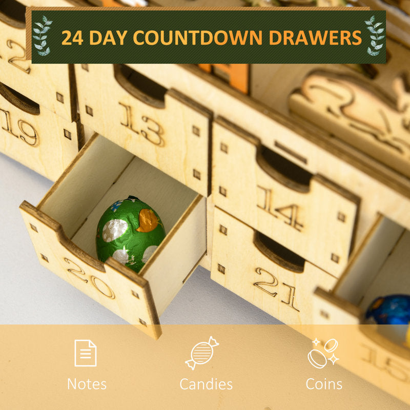 Christmas Advent Calendar, Light Up Wooden Holiday Decoration With 24 Countdown Drawers And LED Lights For Kids And Adults, Battery Operated, Natural