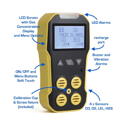 4 Gas Detector – Portable Monitor with USA NIST Calibration | H₂S, CO, O₂, LEL | Industrial & Confined Space Use