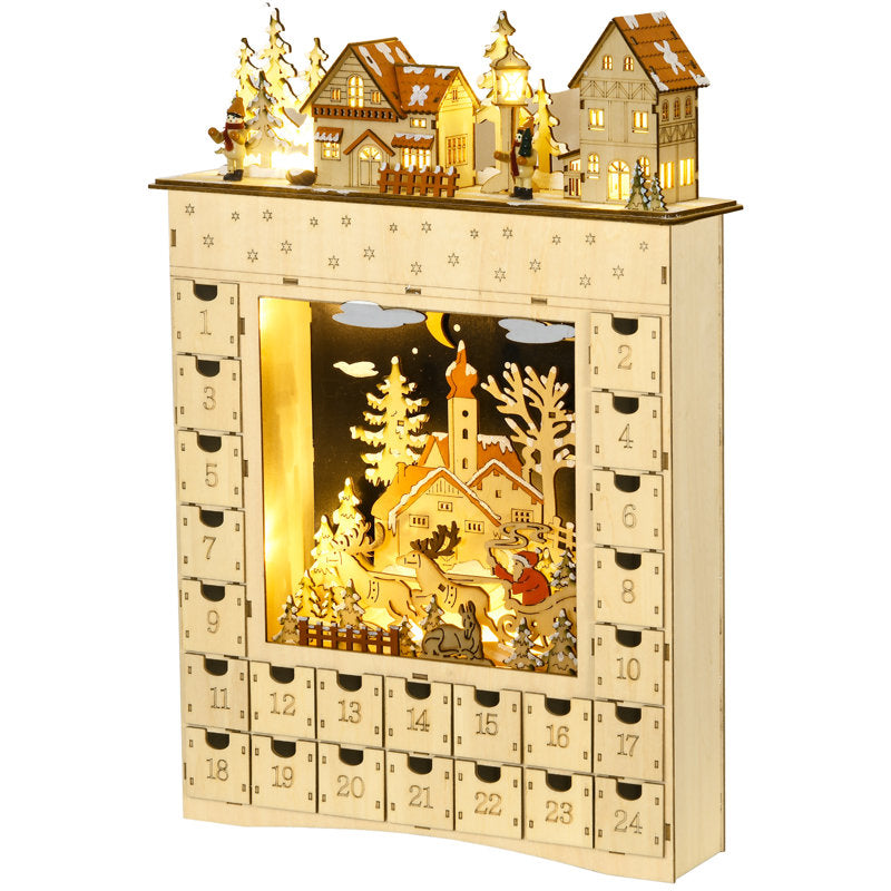 Christmas Advent Calendar, Light Up Wooden Holiday Decoration With 24 Countdown Drawers And LED Lights For Kids And Adults, Battery Operated, Natural