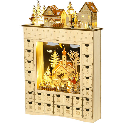 Christmas Advent Calendar, Light Up Wooden Holiday Decoration With 24 Countdown Drawers And LED Lights For Kids And Adults, Battery Operated, Natural