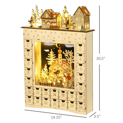 Christmas Advent Calendar, Light Up Wooden Holiday Decoration With 24 Countdown Drawers And LED Lights For Kids And Adults, Battery Operated, Natural