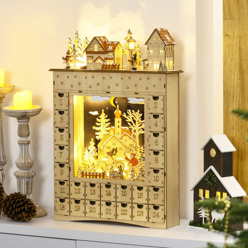 Christmas Advent Calendar, Light Up Wooden Holiday Decoration With 24 Countdown Drawers And LED Lights For Kids And Adults, Battery Operated, Natural