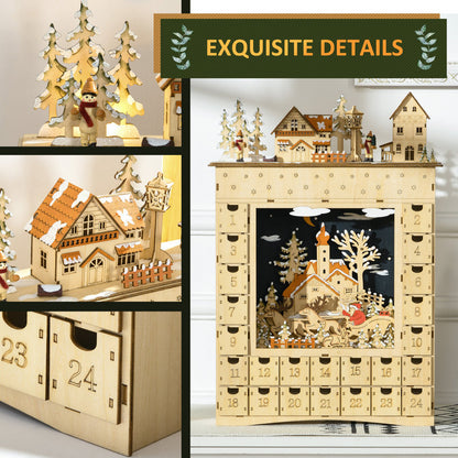 Christmas Advent Calendar, Light Up Wooden Holiday Decoration With 24 Countdown Drawers And LED Lights For Kids And Adults, Battery Operated, Natural