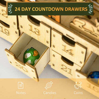 Christmas Advent Calendar, Light Up Wooden Holiday Decoration With 24 Countdown Drawers And LED Lights For Kids And Adults, Battery Operated, Natural