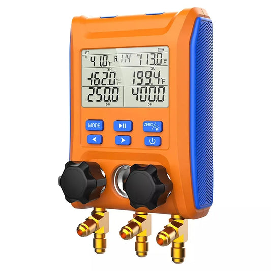 HVAC Digital Manifold Gauge with two Valves and Thermometer Clamps for Refrigerant Measurement