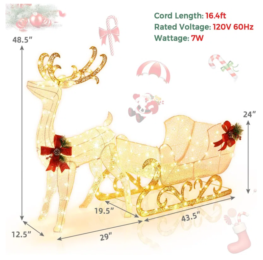 Christmas Lighted Reindeer & Santa's Sleigh Lighted Display